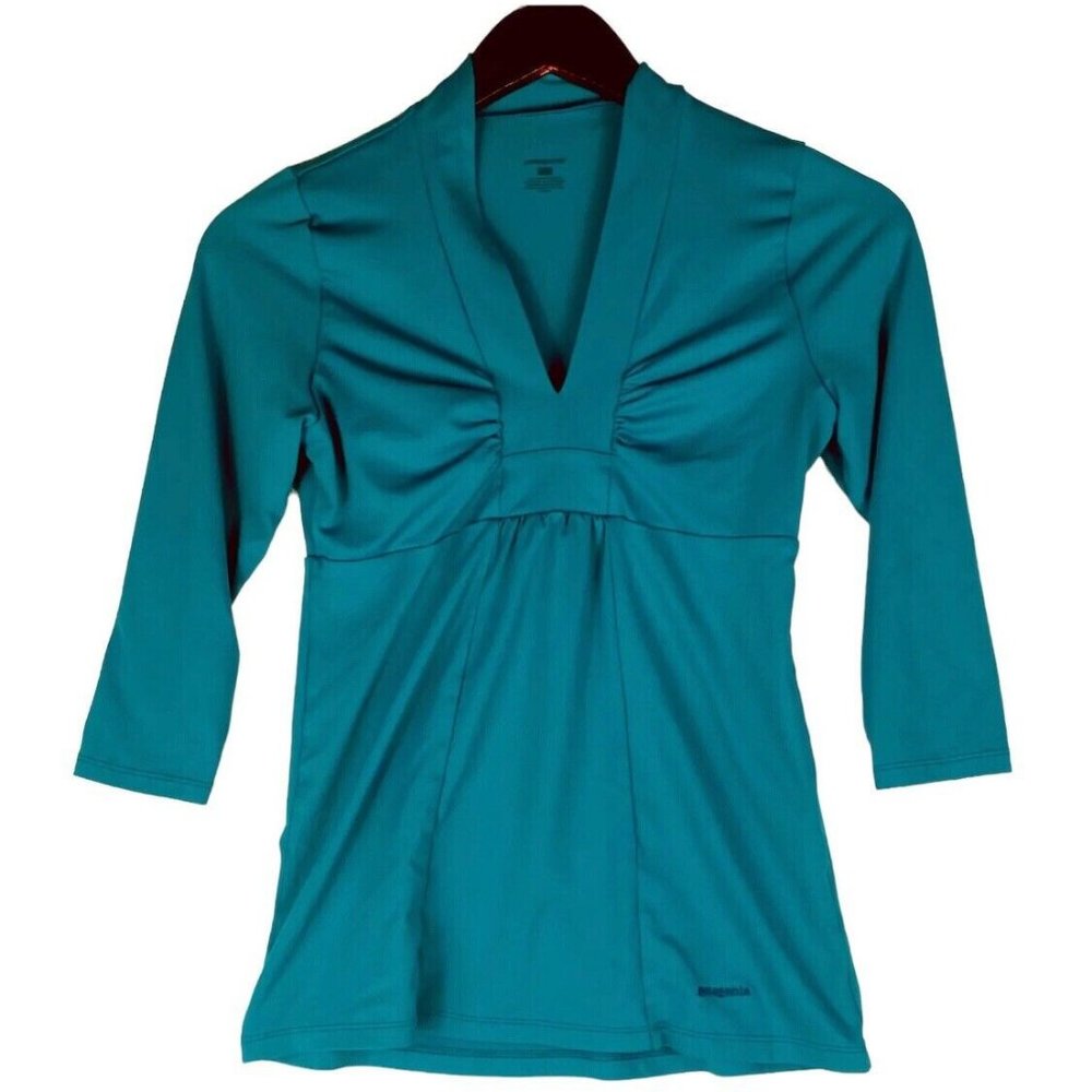 PATAGONIA Respite Shirt Top Small Teal Turquoise Ruched Stretch V-Neck - Picture 2 of 3